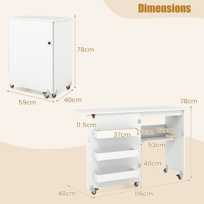 Folding Sewing Table with Storage Shelf and 3 Hidden Bins for Home-White