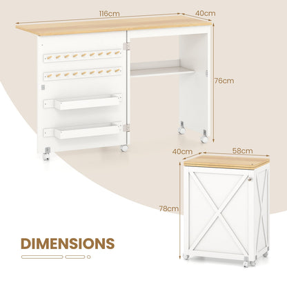 Folding Sewing Table with Storage Shelf and 5 Lockable Wheels-Natural & White