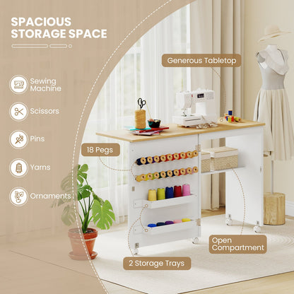 Folding Sewing Table with Storage Shelf and 5 Lockable Wheels-Natural & White