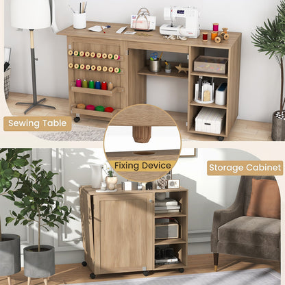 Folding Sewing Table with Storage Shelves and 18 Pegs and Lockable Casters-Brown