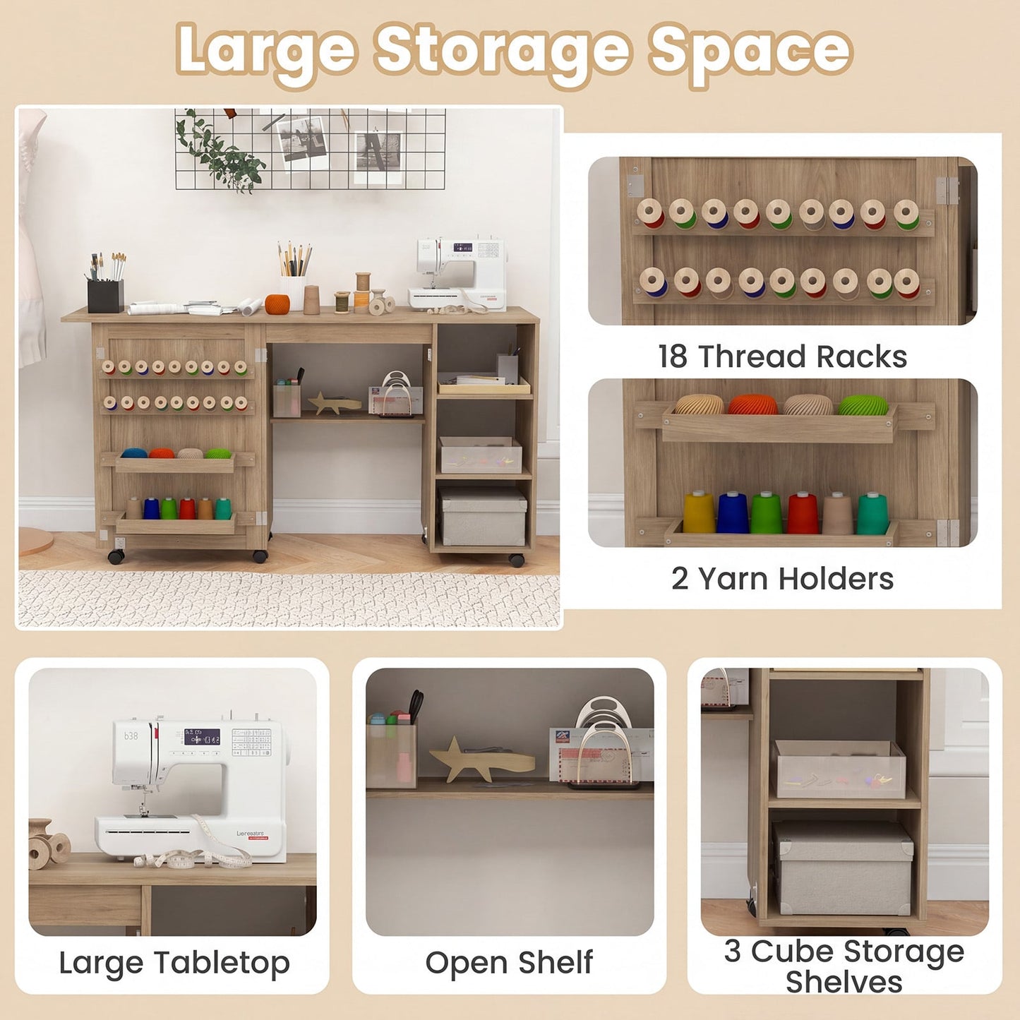 Folding Sewing Table with Storage Shelves and 18 Pegs and Lockable Casters-Brown