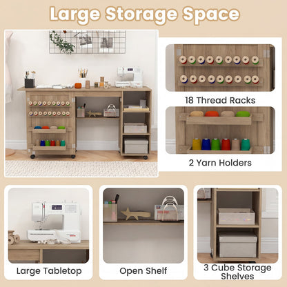 Folding Sewing Table with Storage Shelves and 18 Pegs and Lockable Casters-Brown