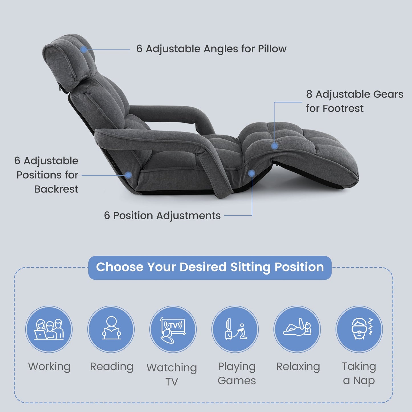 Folding Sofa Bed with 6 Adjustable Positions and 8-Angle Footrest-DarkGrey