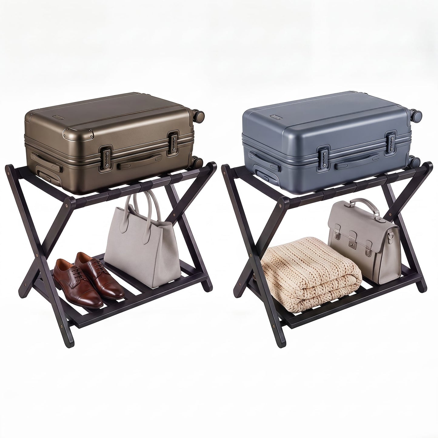 Folding Suitcase Stand with Straps and Bamboo Storage Shelves for Guest Room-Black