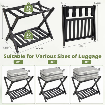 Folding Suitcase Stand with Straps and Bamboo Storage Shelves for Guest Room-Black