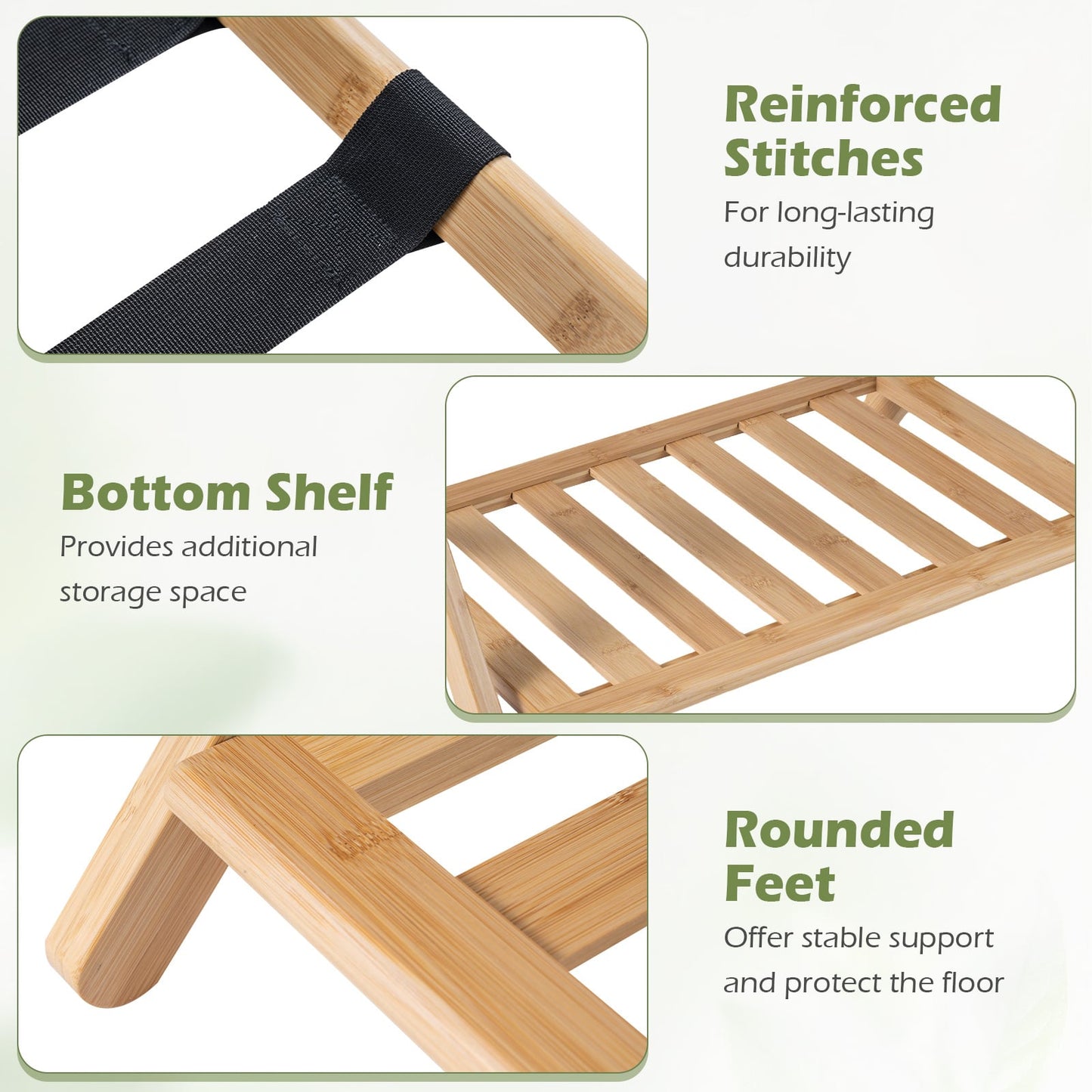 Folding Suitcase Stand with Straps and Bamboo Storage Shelves for Guest Room-Natrual