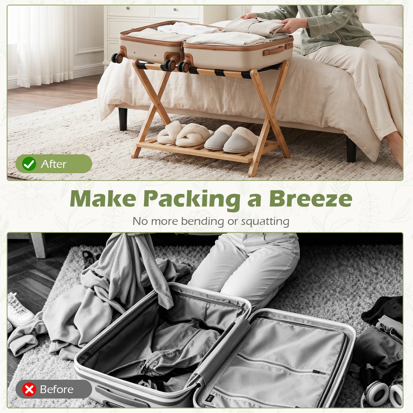 Folding Suitcase Stand with Straps and Bamboo Storage Shelves for Guest Room-Natrual