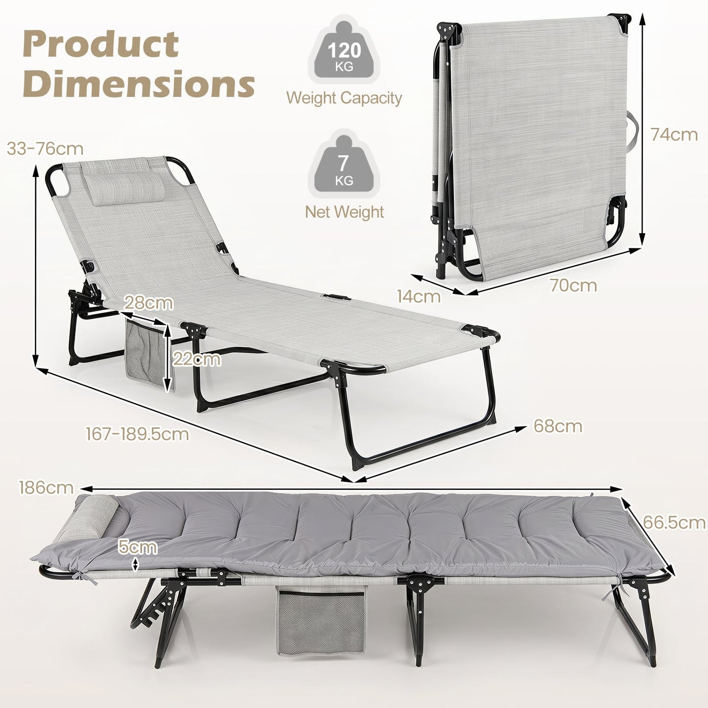 Folding Sun Lounger Foldable Beach Sun Lounger with 4-Position Adjustable Backrest-Grey
