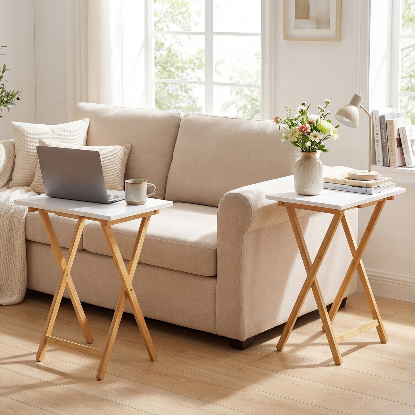 Folding TV Tray Tables Set of 2 Bamboo Snack Table for Small Spaces at Couch-White
