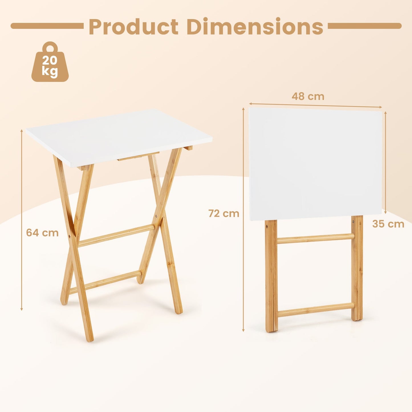 Folding TV Tray Tables Set of 2 Bamboo Snack Table for Small Spaces at Couch-White