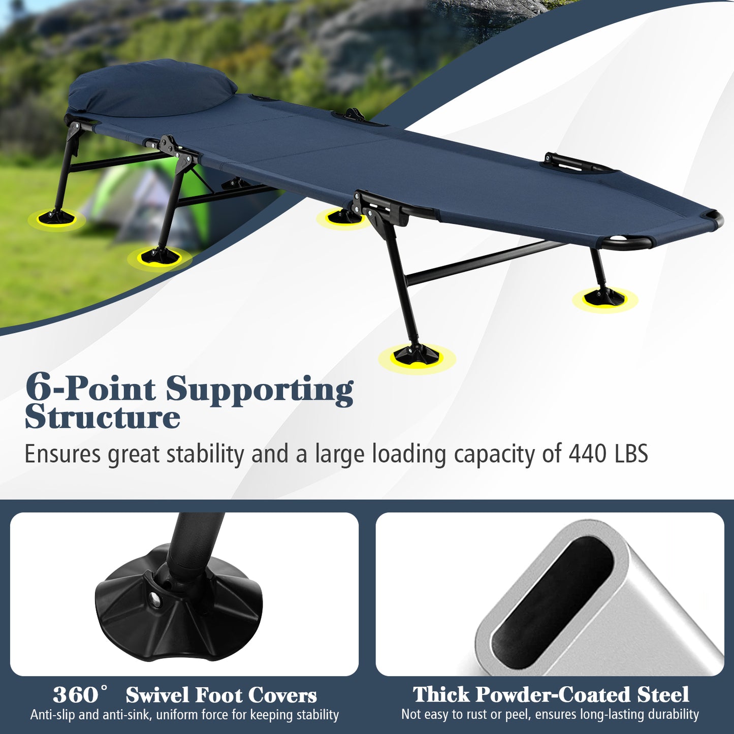 Folding Camping Cot with Detachable Mattress and 6-Position Adjustable Backrest-Navy