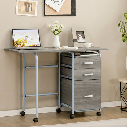 Folding Computer Desk with Rolling Wheels and 3 Drawers for Home Office-Grey