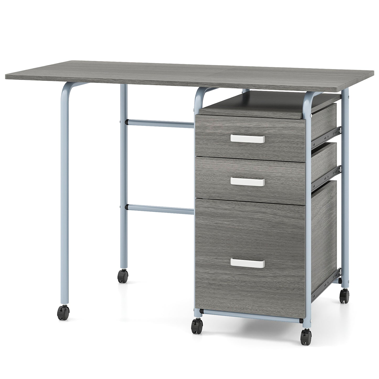 Folding Computer Desk with Rolling Wheels and 3 Drawers for Home Office-Grey