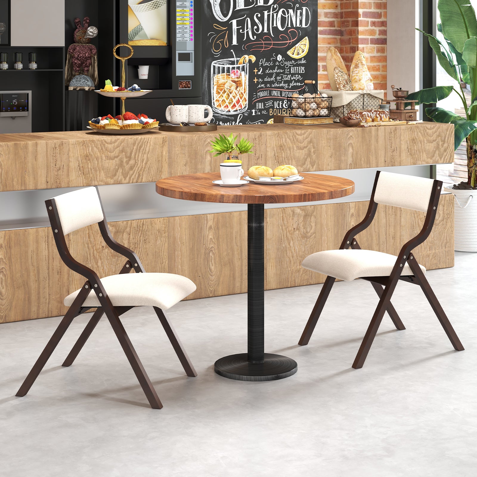 Folding Dining Chair Set of 2 with Solid Wood Frame and Padded Seat-Beige