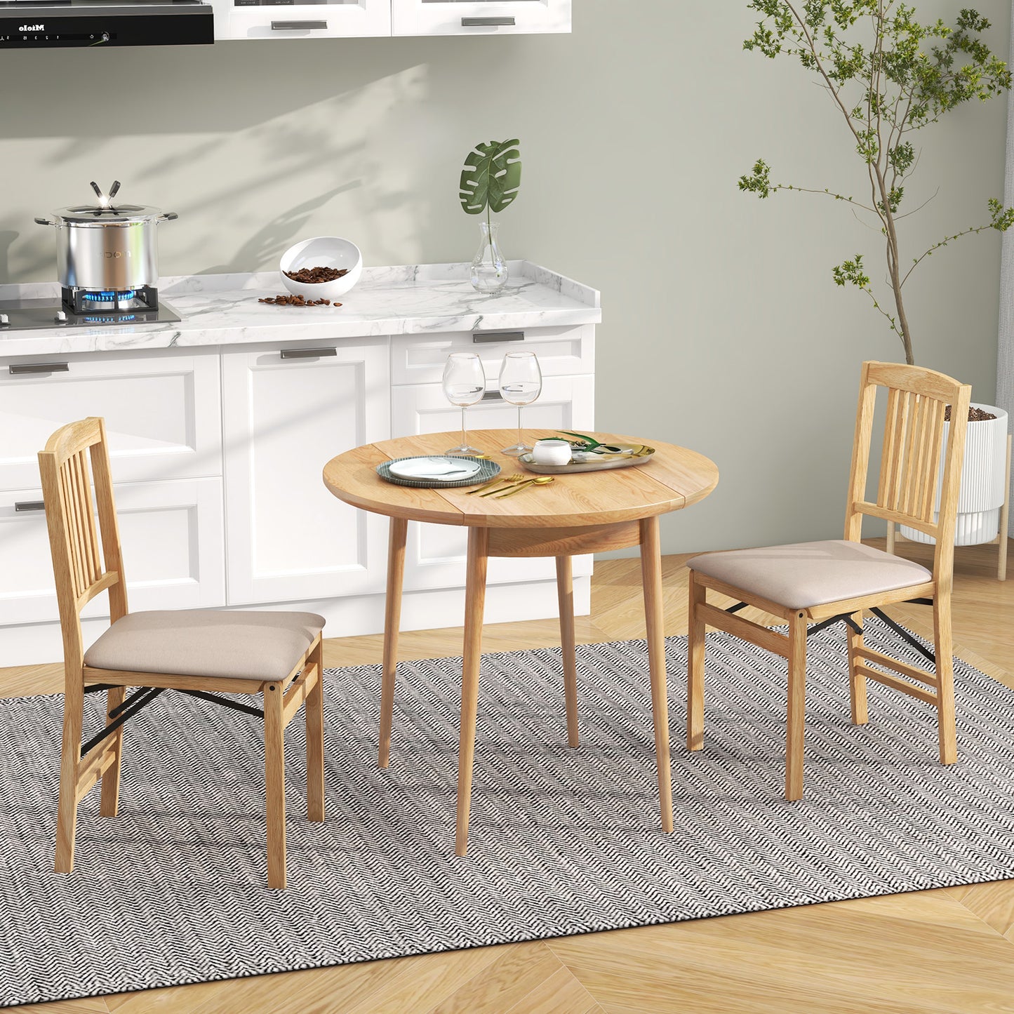Folding Dining Chairs Set of 2 Upholstered Kitchen Chairs with Padded Seat-Beige