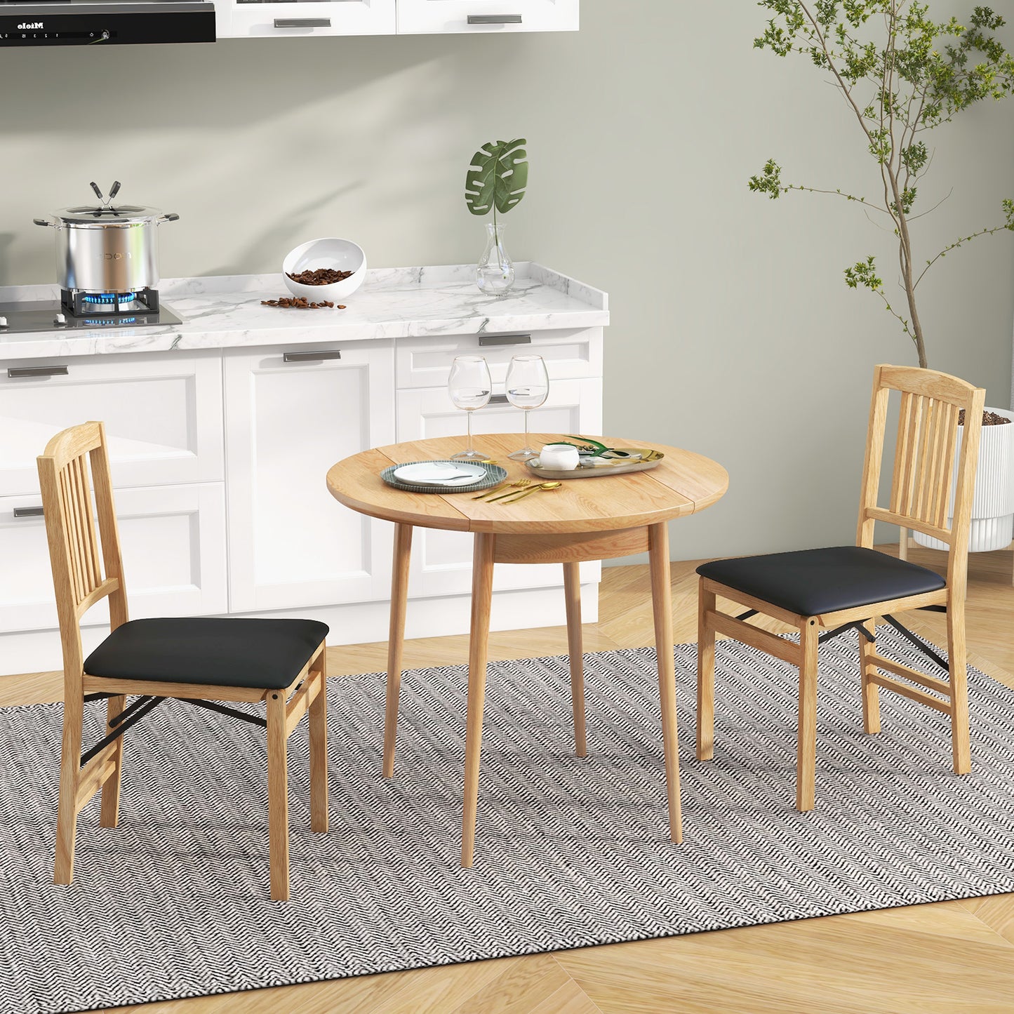 Folding Dining Chairs Set of 2 Upholstered Kitchen Chairs with Padded Seat-Black