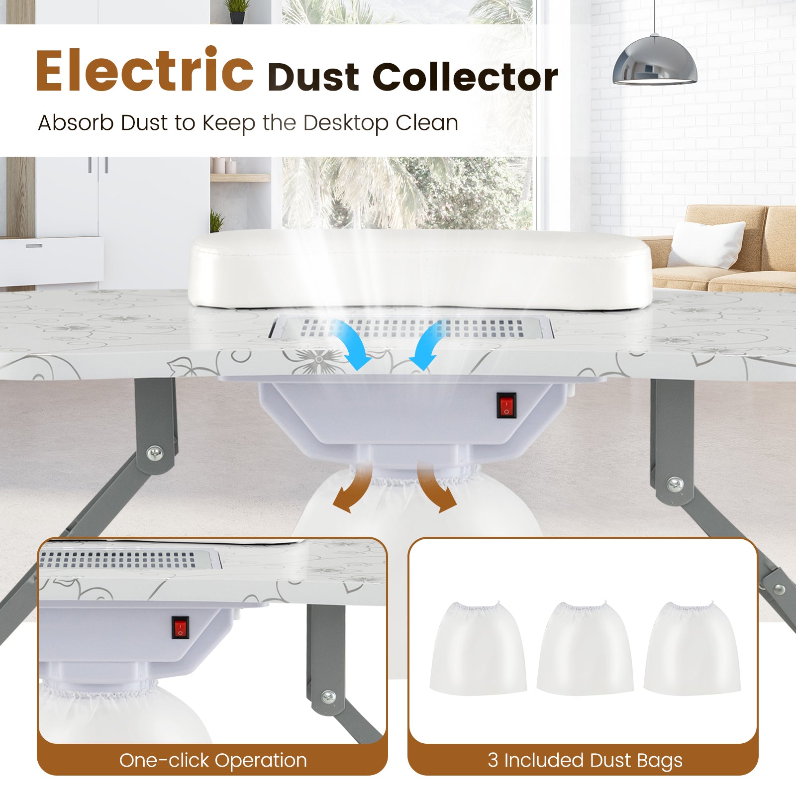 Folding Manicure Nail Table with Electric Dust Collector-White