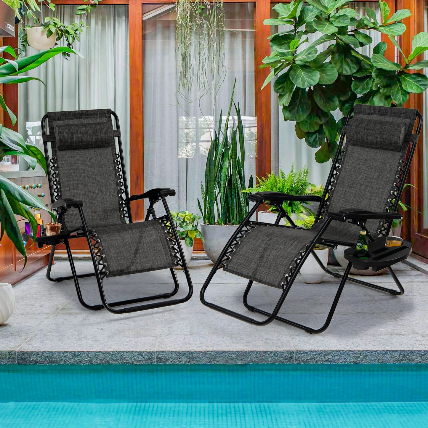 Folding Patio Recliners with Removable Headrest and Cup Holder Set of 2-Grey