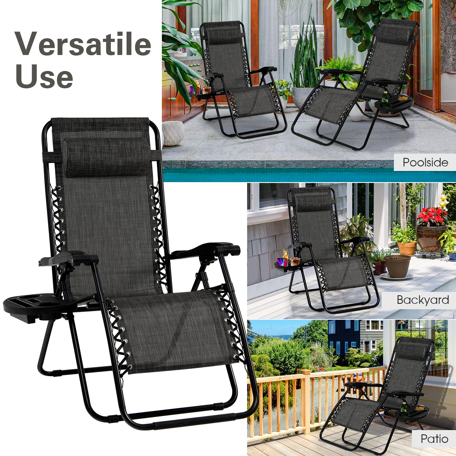 Folding Patio Recliners with Removable Headrest and Cup Holder Set of 2-Grey