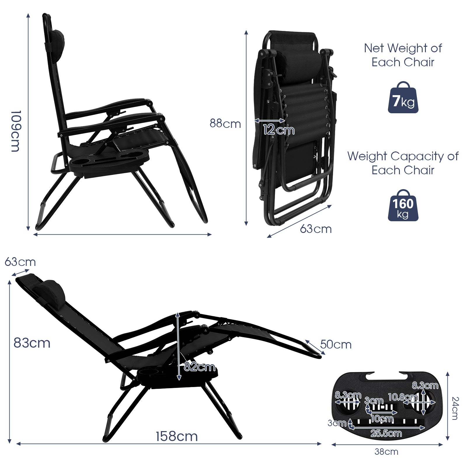 Folding Patio Recliners with Removable Headrest and Cup Holder Set of 2-Black