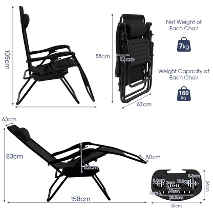 Folding Patio Recliners with Removable Headrest and Cup Holder Set of 2-Black