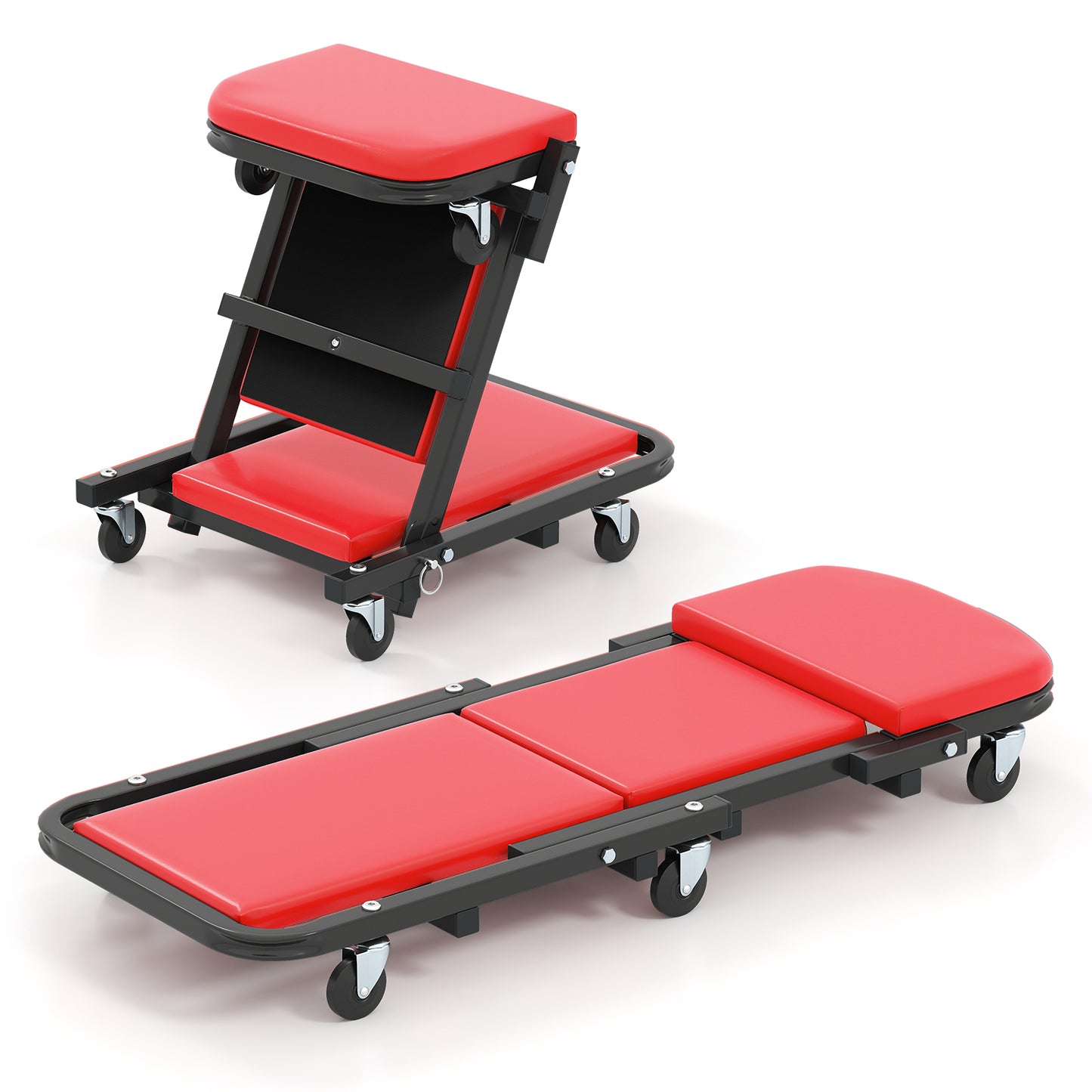 2-in-1 Folding Profile Mechanic Creeper with Padded Seat and 6 Wheels-Red