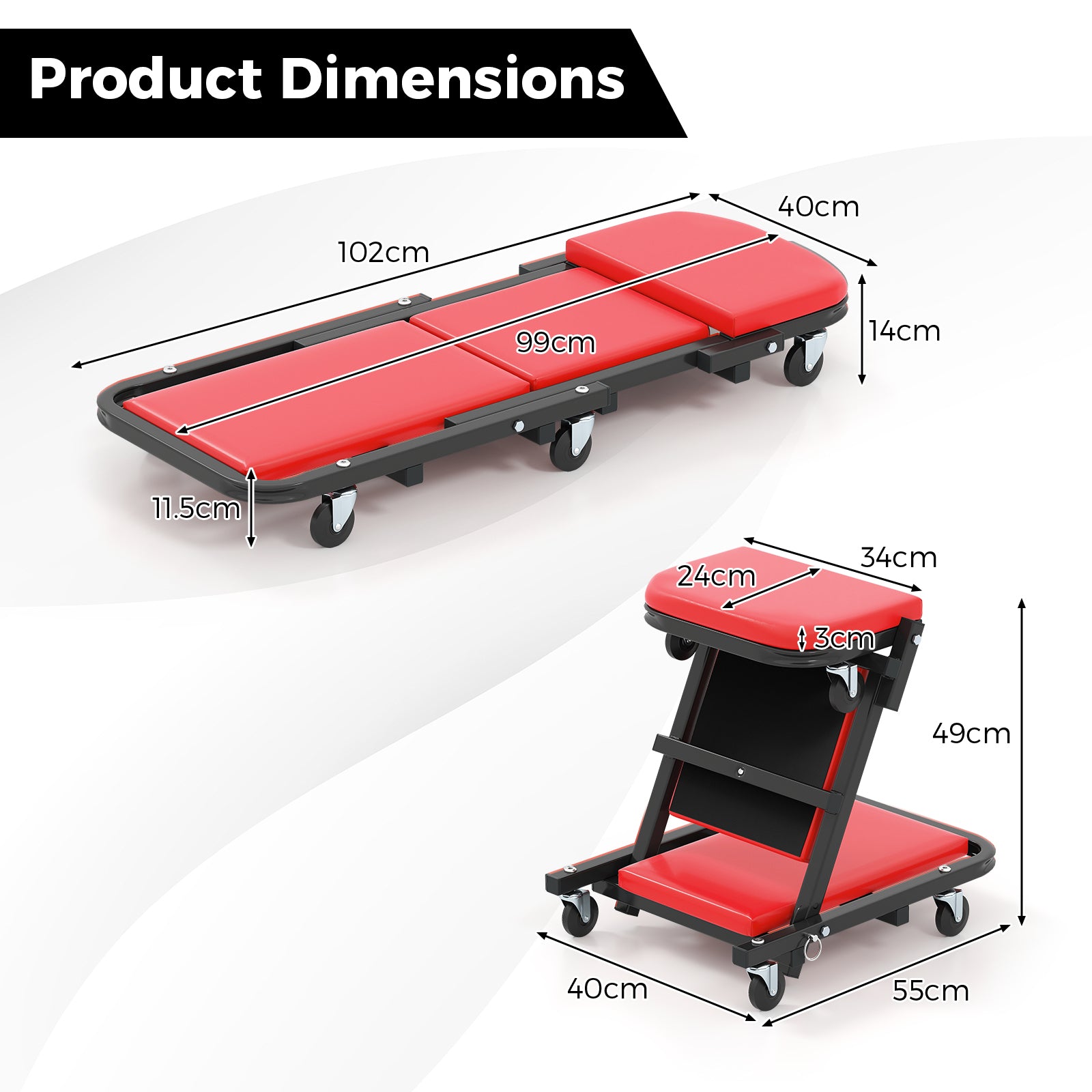 2-in-1 Folding Profile Mechanic Creeper with Padded Seat and 6 Wheels-Red