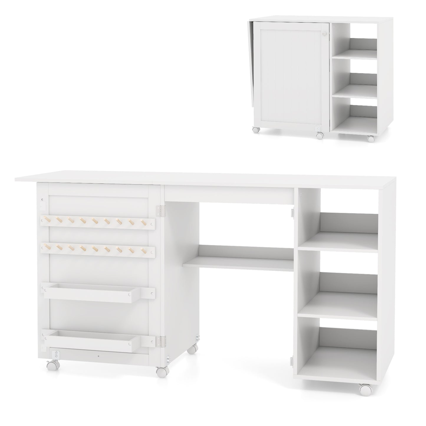 Folding Sewing Table with Storage Shelves and 18 Pegs and Lockable Casters-White