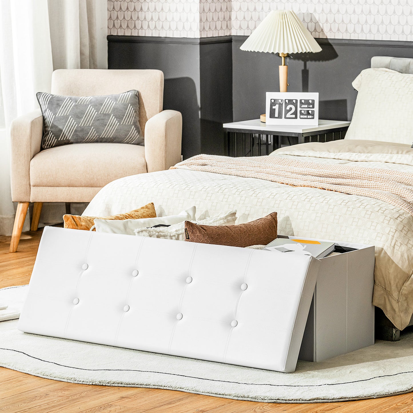 Folding Storage Ottoman Bench with Lid for Living Room-White