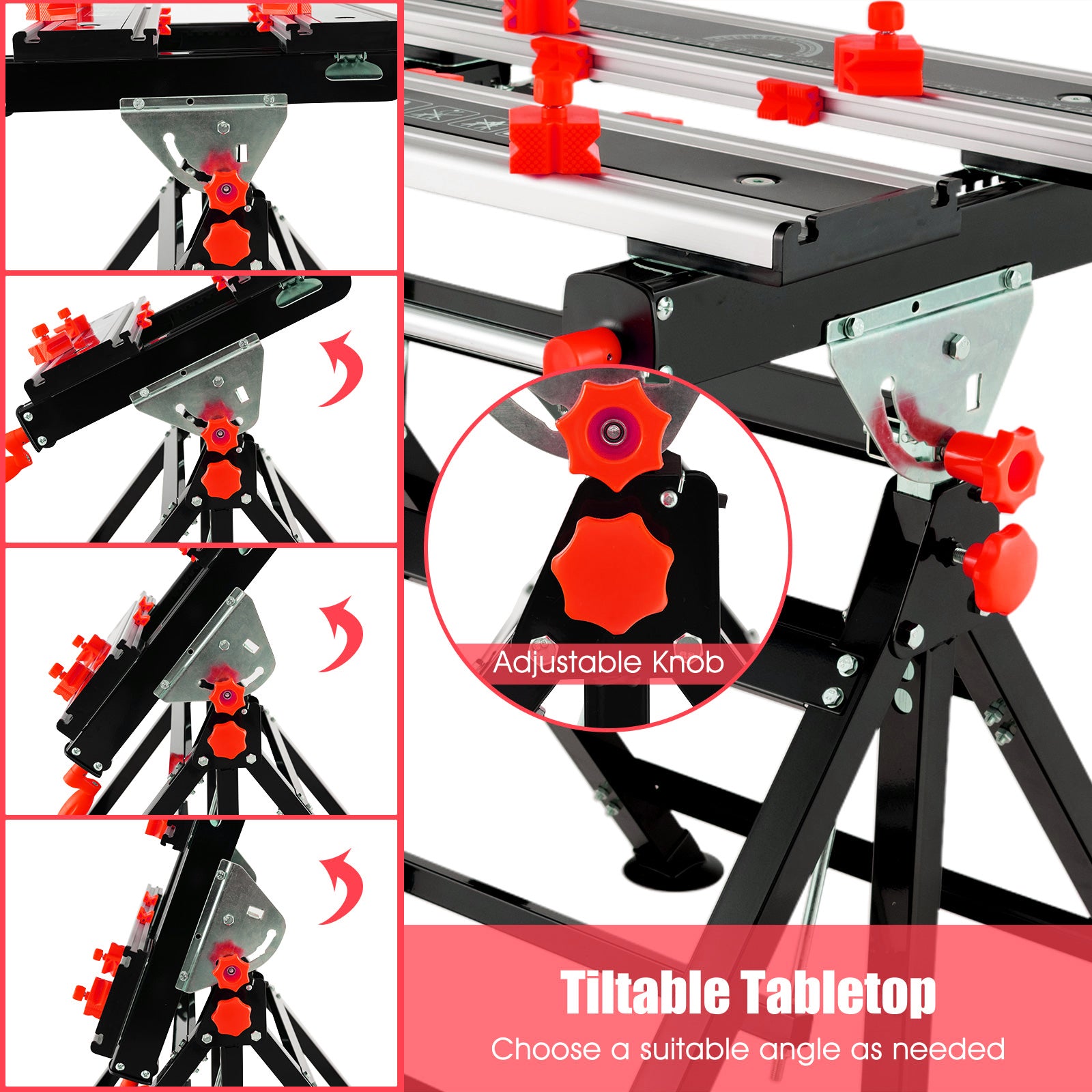 Folding Work Table Portable Workbench with Tiltable Platform-Red