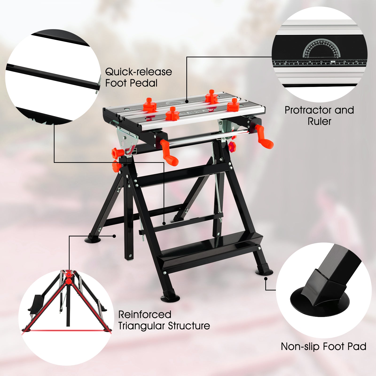 Folding Work Table Portable Workbench with Tiltable Platform-Red