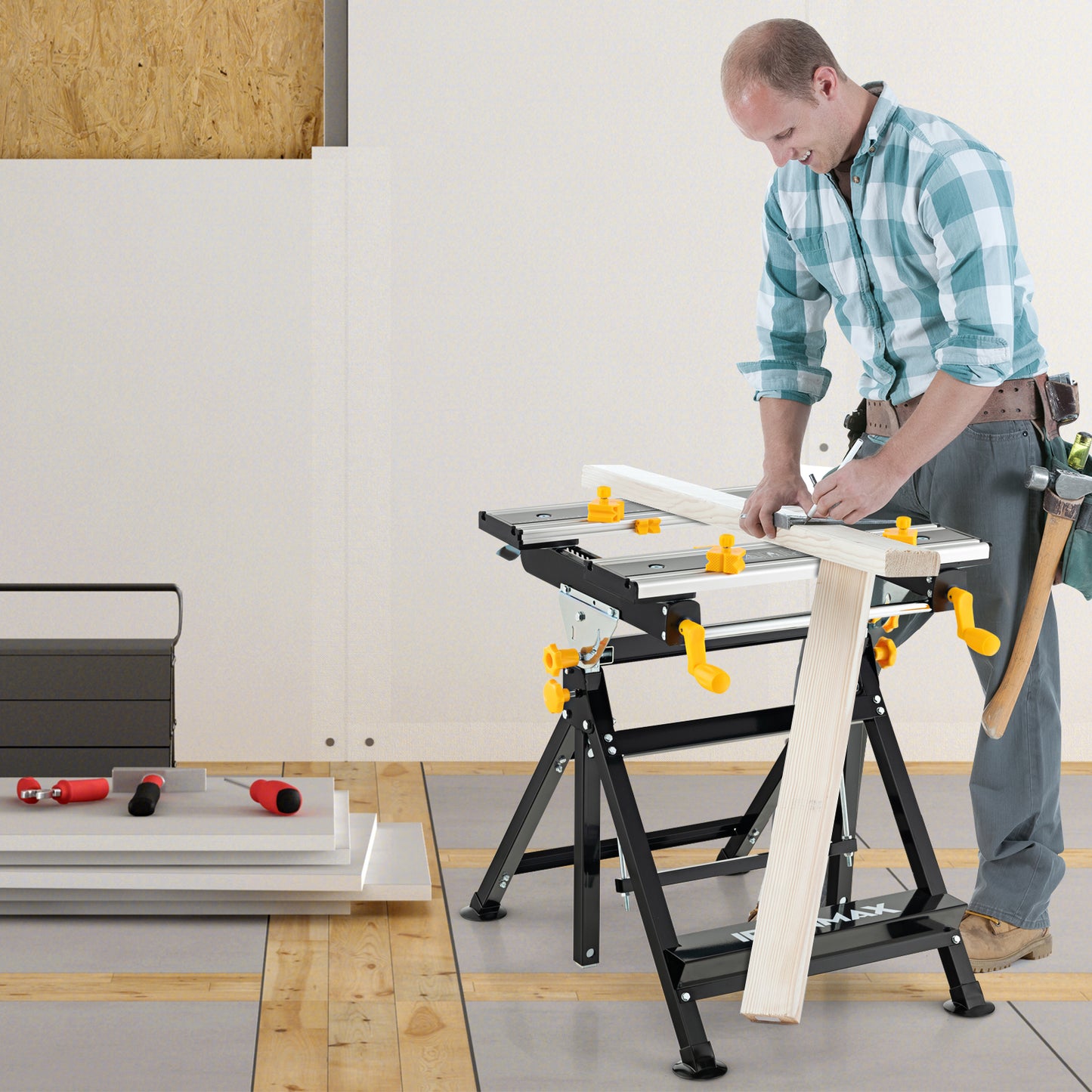 Folding Work Table Portable Workbench with Tiltable Platform-Black