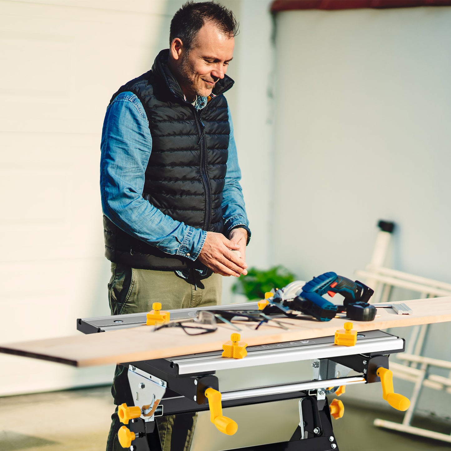 Folding Work Table Portable Workbench with Tiltable Platform-Black