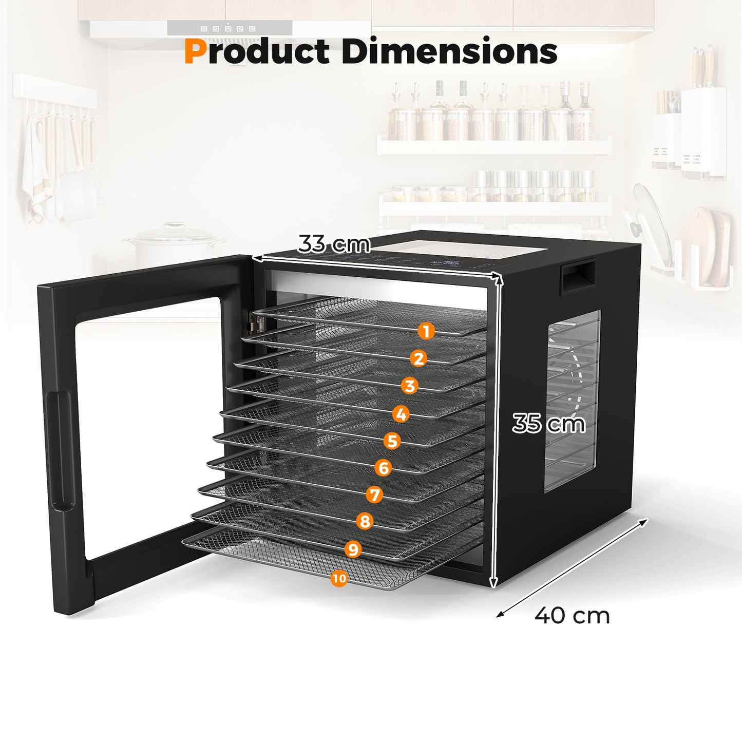 Food Dehydrator with 10 Stainless Steel Trays 10 Presets and 48H Timer-Black