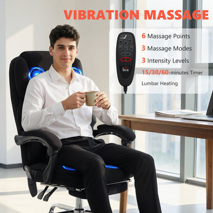 HOMCOM Office Chair with 6-point Vibration Massage and Heat, Fabric Desk Chair with Footrest, High Back, Black