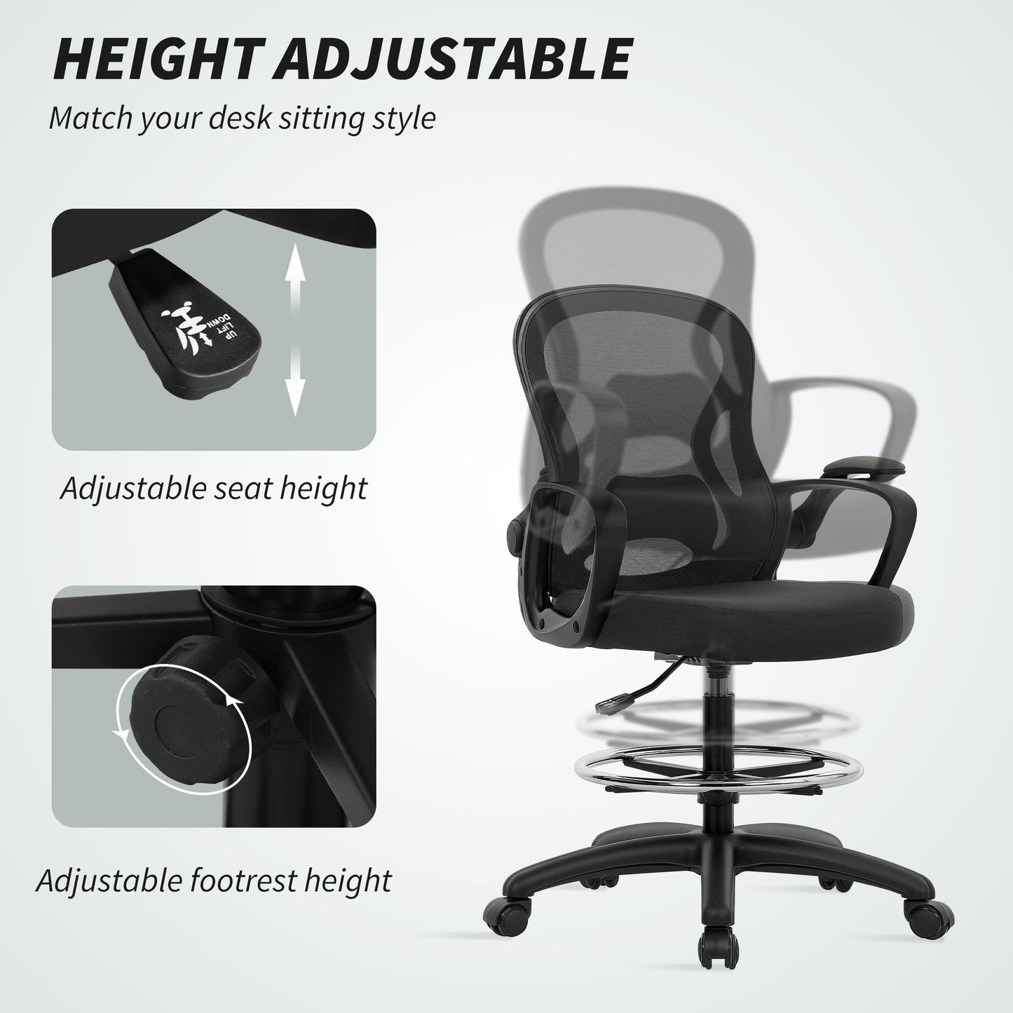 Vinsetto Drafting Chair with Adjustable Footrest, Ergonomic Mesh Office Chair with Lumbar Support, Adjustable Height for Standing Desk, Black