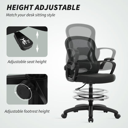 Vinsetto Drafting Chair with Adjustable Footrest, Ergonomic Mesh Office Chair with Lumbar Support, Adjustable Height for Standing Desk, Black