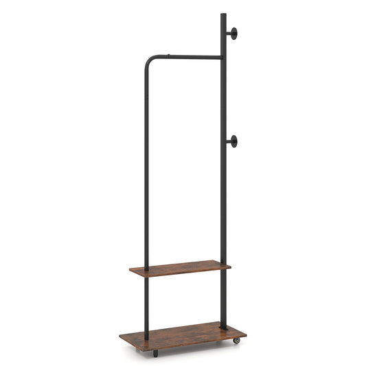 Freestanding Clothing Rack with Wheels and Hanging Rod-Rustic Brown