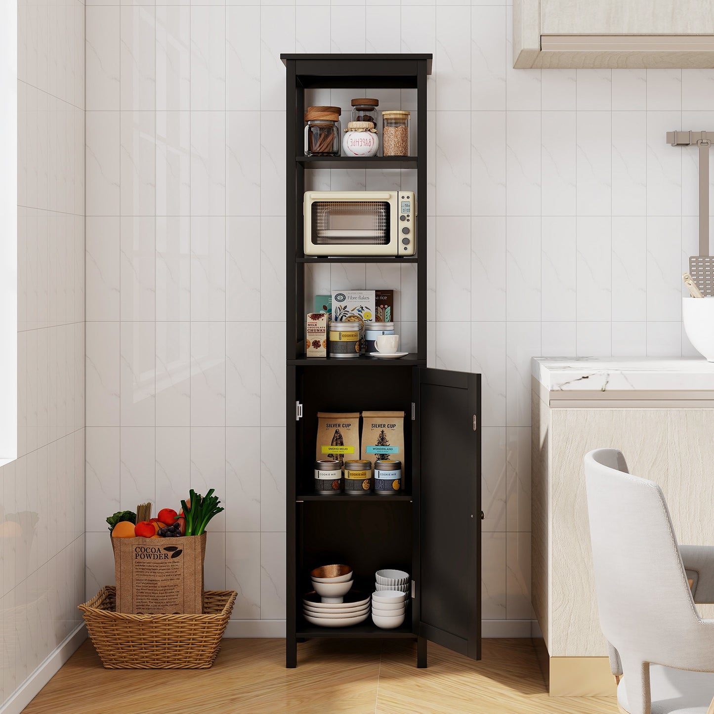 Freestanding Floor Cabinet with 3-Position Middle Panel and Anti-Toppling Mechanism-Black