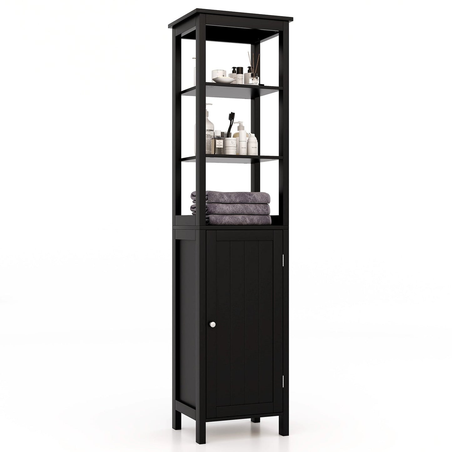 Freestanding Floor Cabinet with 3-Position Middle Panel and Anti-Toppling Mechanism-Black