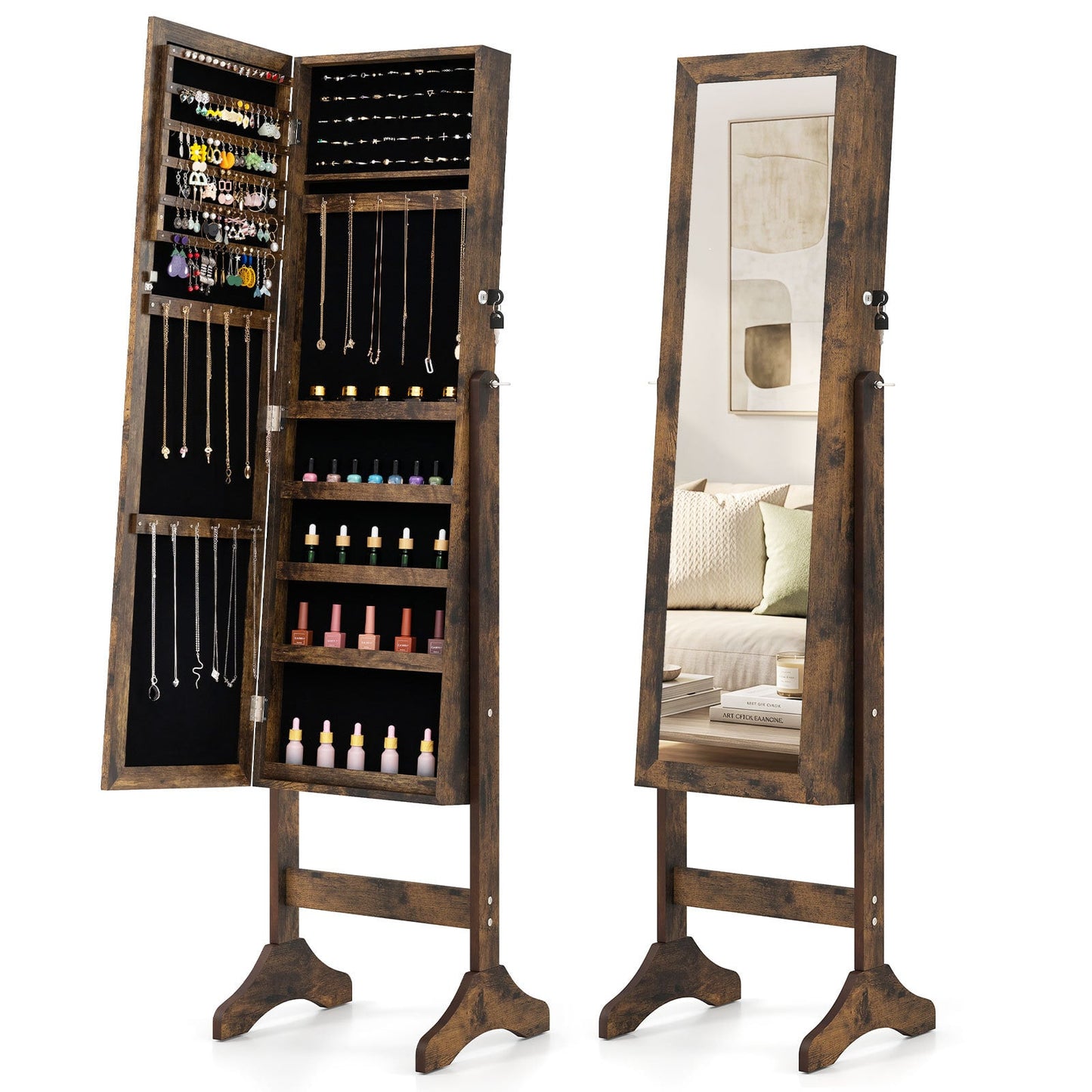 Freestanding Jewelry Armoire Cabinet with Full Length Mirror-Rustic Brown