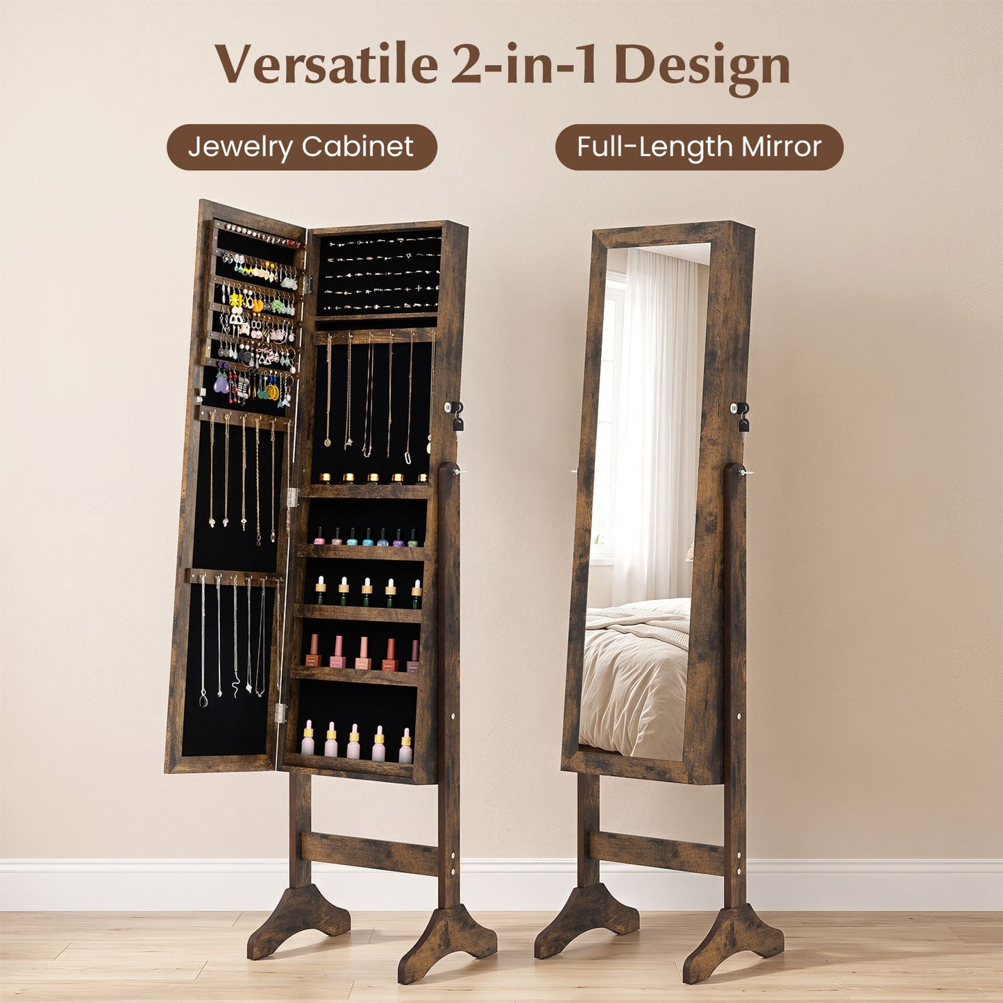 Freestanding Jewelry Armoire Cabinet with Full Length Mirror-Rustic Brown