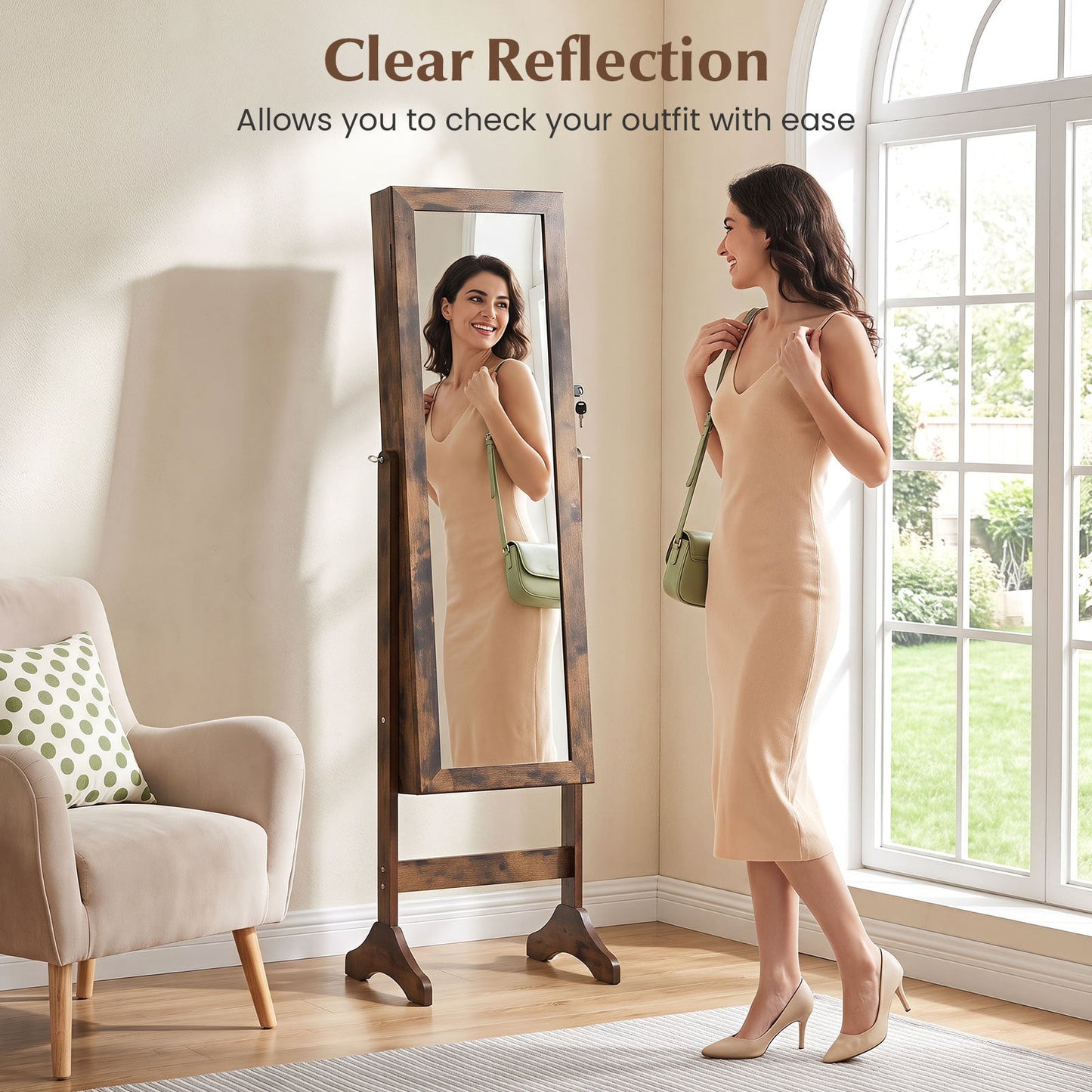 Freestanding Jewelry Armoire Cabinet with Full Length Mirror-Rustic Brown
