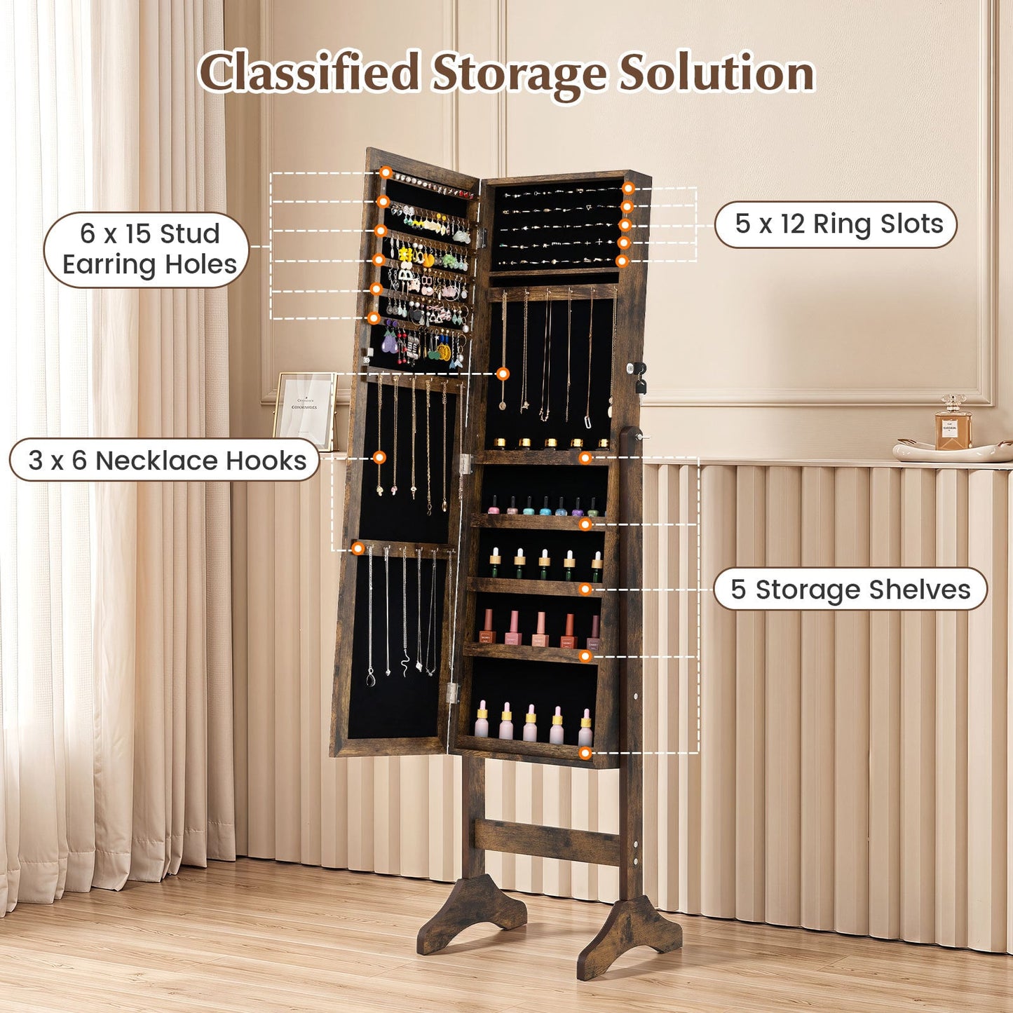 Freestanding Jewelry Armoire Cabinet with Full Length Mirror-Rustic Brown