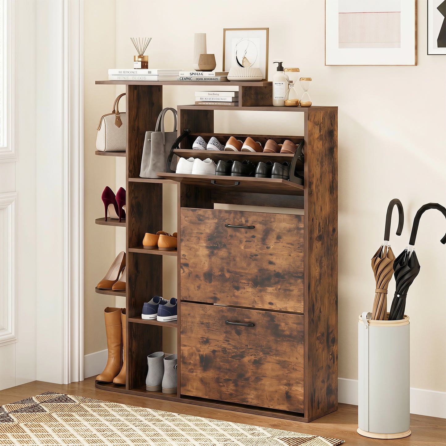 Freestanding Shoe Organizer with 3 Flip Drawers and 8 Adjustable Drawer Shelves-Rustic Brown