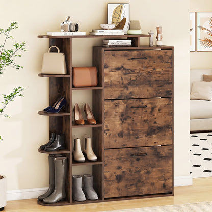 Freestanding Shoe Organizer with 3 Flip Drawers and 8 Adjustable Drawer Shelves-Rustic Brown