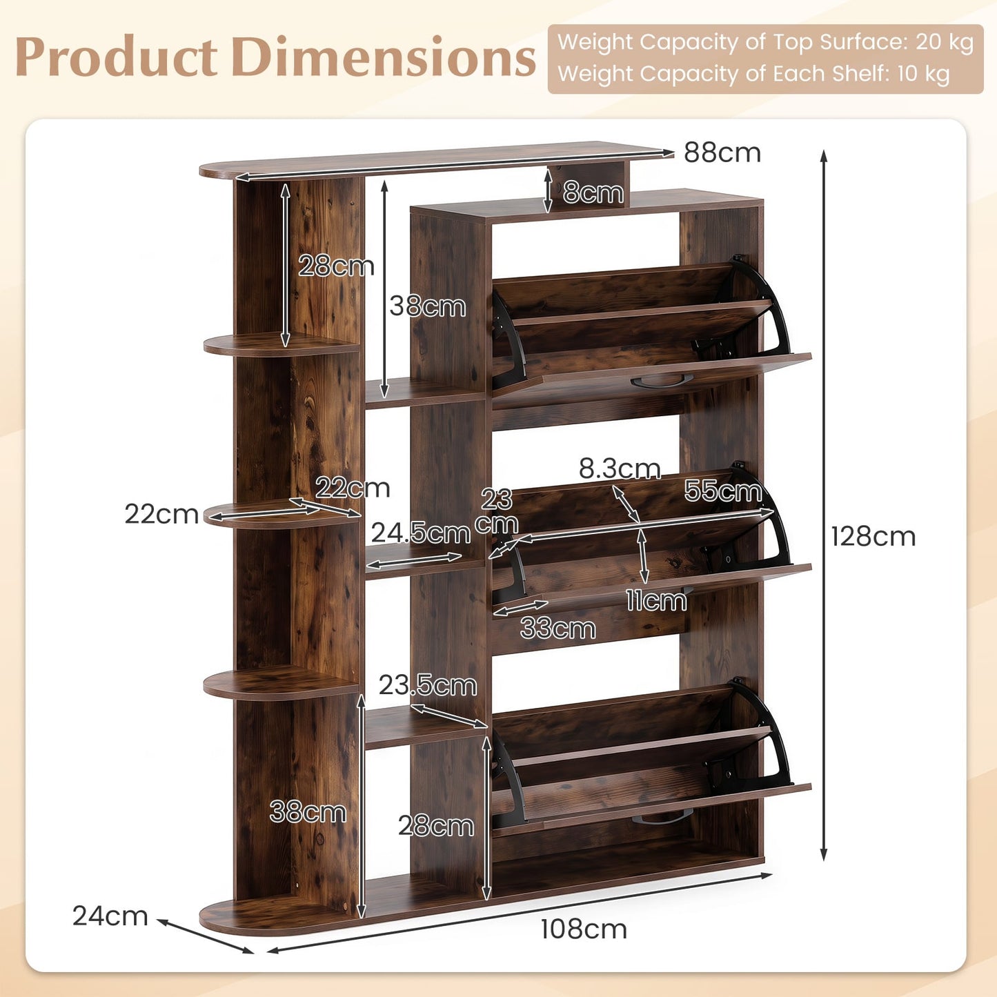 Freestanding Shoe Organizer with 3 Flip Drawers and 8 Adjustable Drawer Shelves-Rustic Brown
