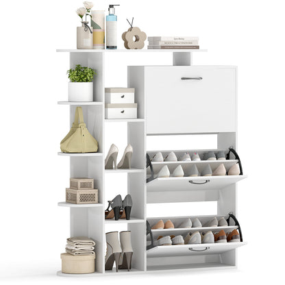 Freestanding Shoe Organizer with 3 Flip Drawers and 8 Adjustable Drawer Shelves-White