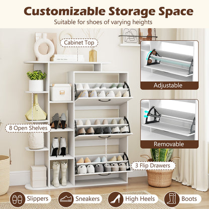 Freestanding Shoe Organizer with 3 Flip Drawers and 8 Adjustable Drawer Shelves-White