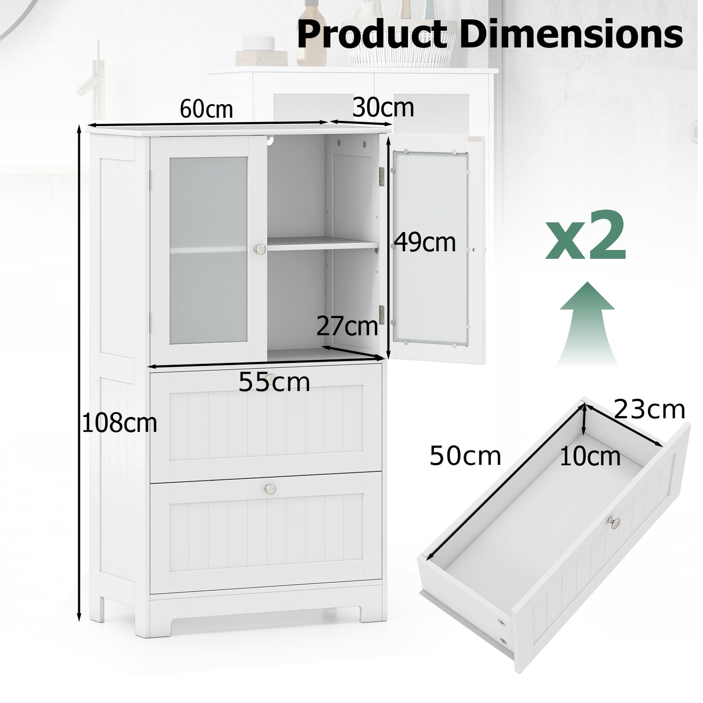 Freestanding Bathroom Storage Cabinet with 2 Frosted Tempered Glass Doors-White